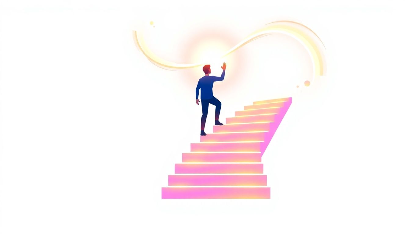 Person climbing digital growth staircase towards success
