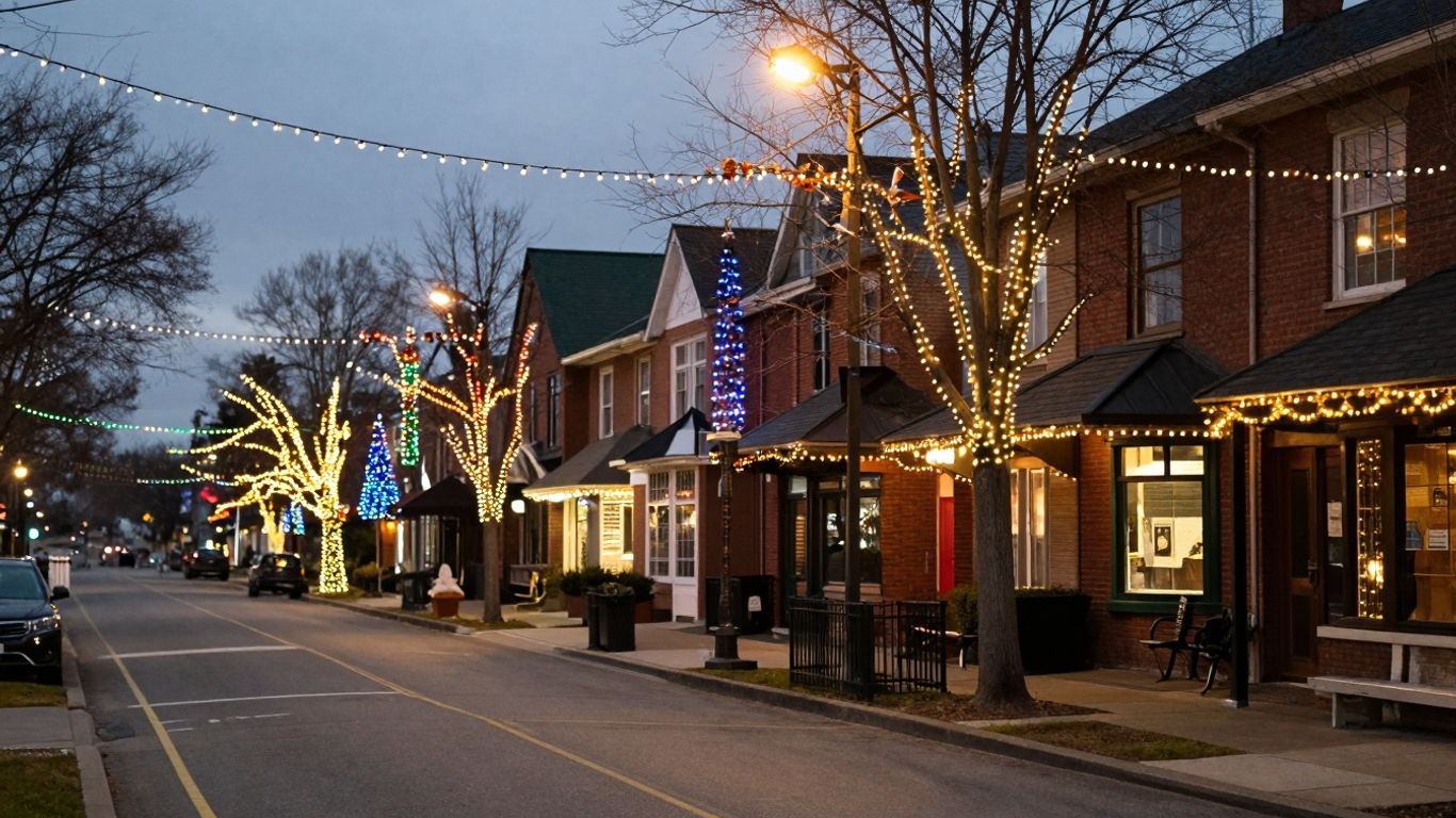 Oakville commercial Christmas lights illuminating a street