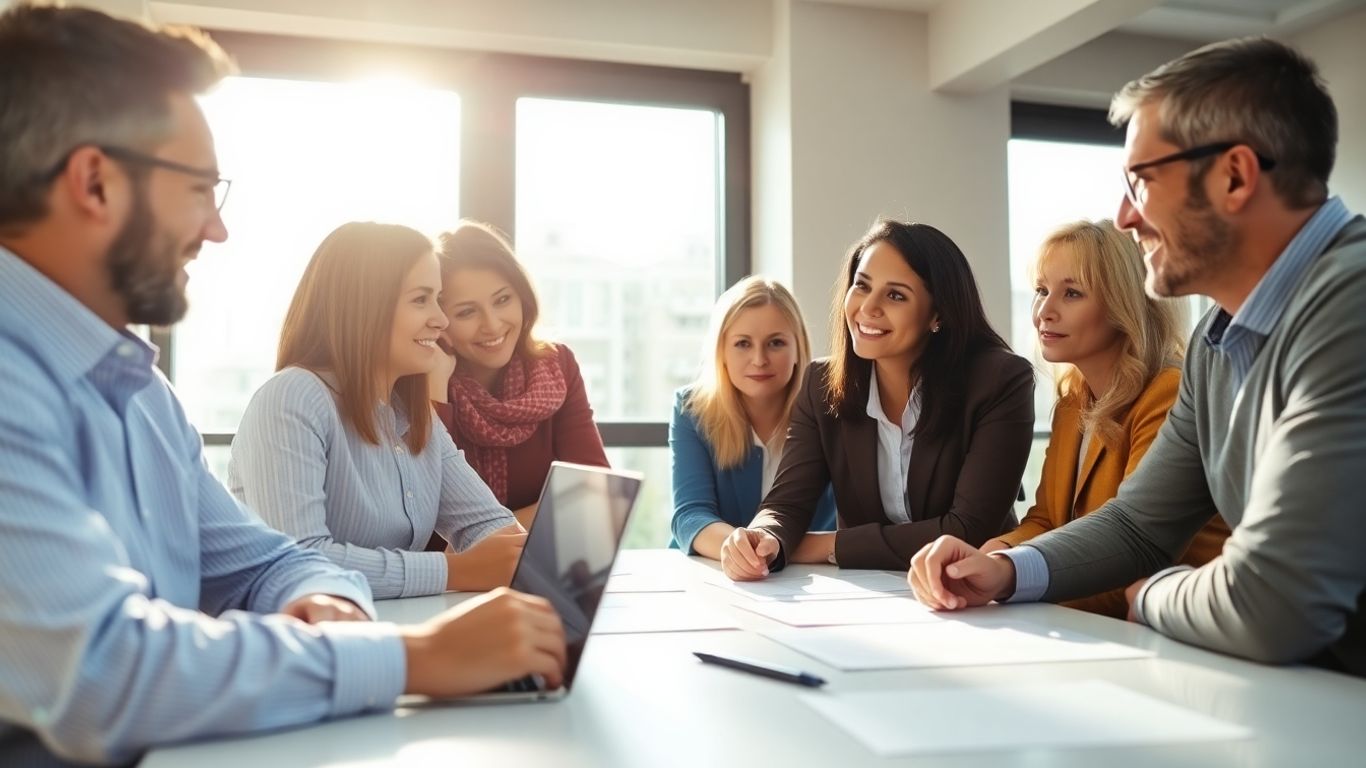 Personas discutiendo pólizas de seguro en una oficina.
