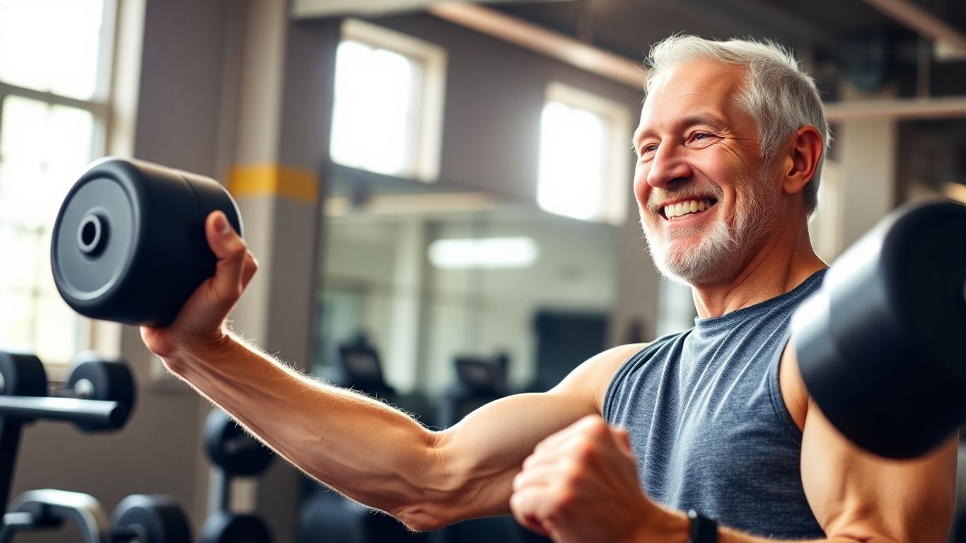 Senior man lifting weights, looking healthy and happy.