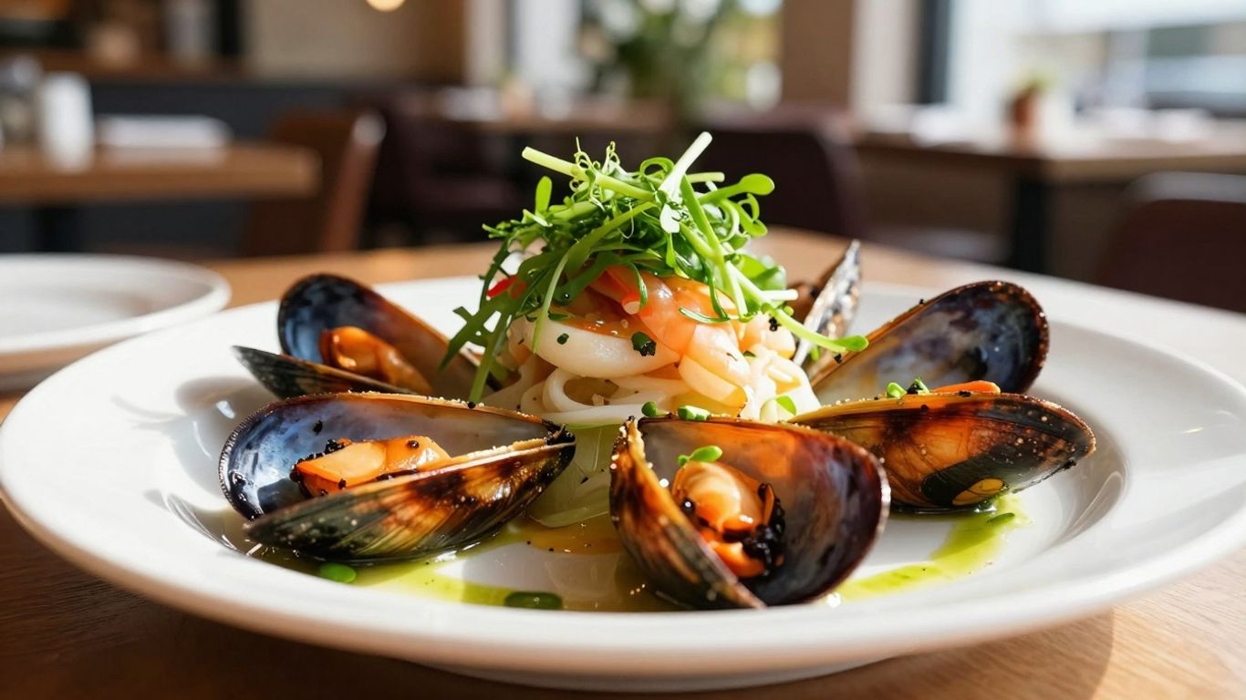 Gerecht met zeevruchten in een restaurant in Castricum.