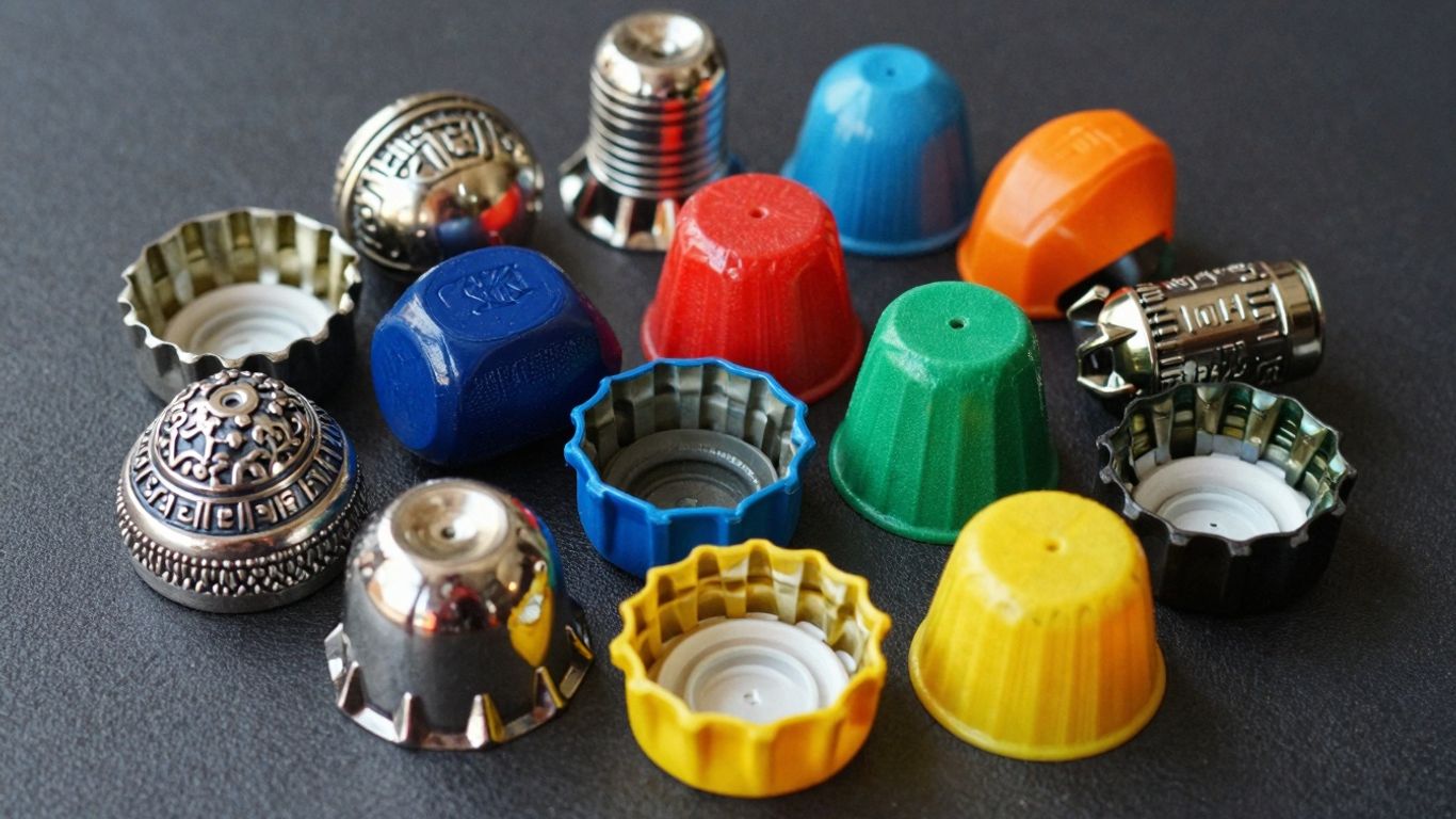 Colorful and decorative tire valve caps arranged artfully.