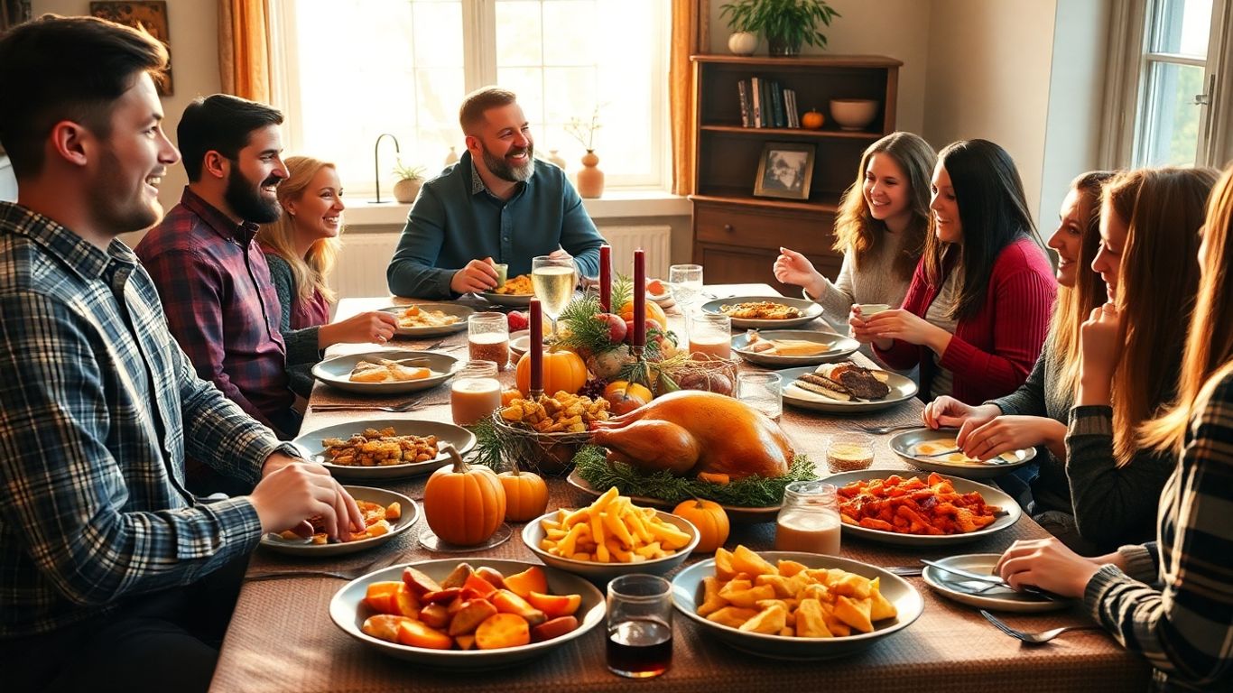 Friends enjoying a festive Friendsgiving meal together.