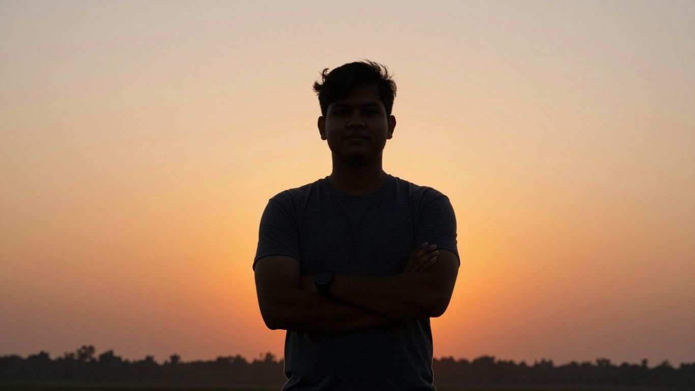 Persoană stând încrezătoare, cu brațele încrucișate, la apus.