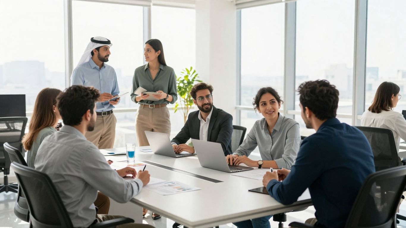 People collaborating in a bright, modern office.