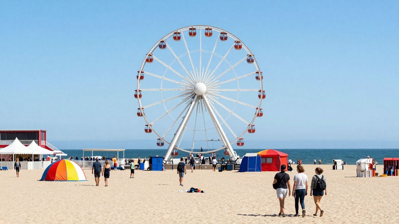 Scheveningen strand met reuzenrad en mensen op het zand.