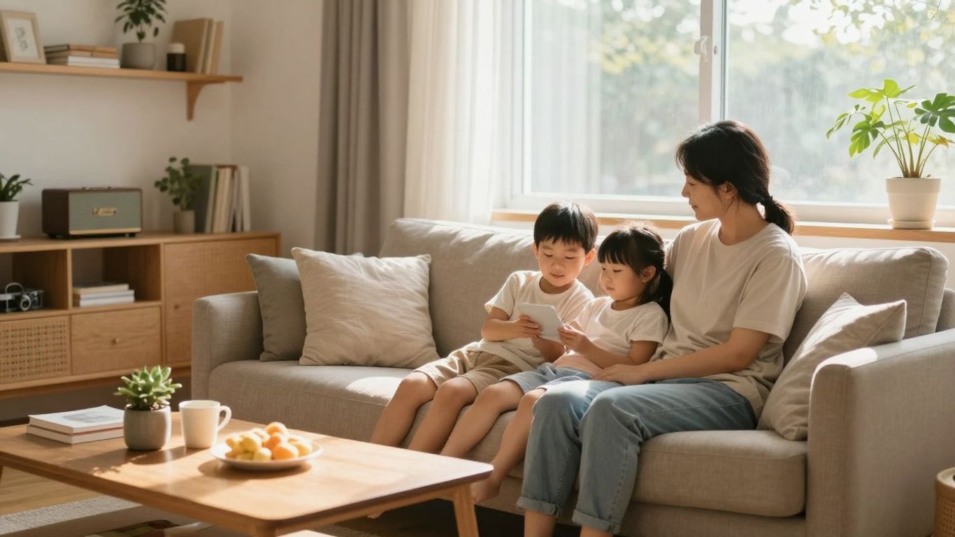 Familia relajada en sala de estar segura y moderna.