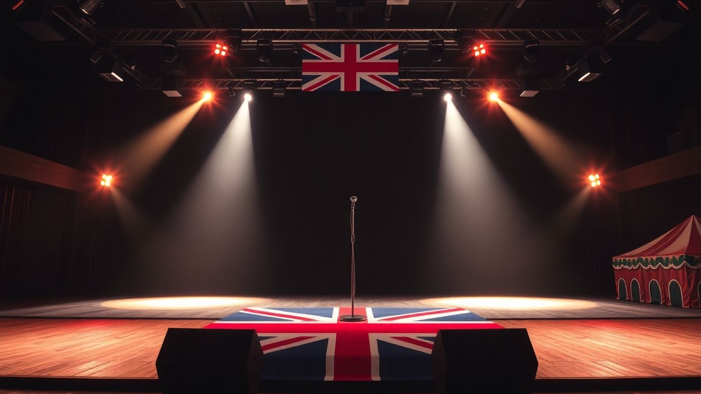 Empty stage with microphone and London theatre vibe