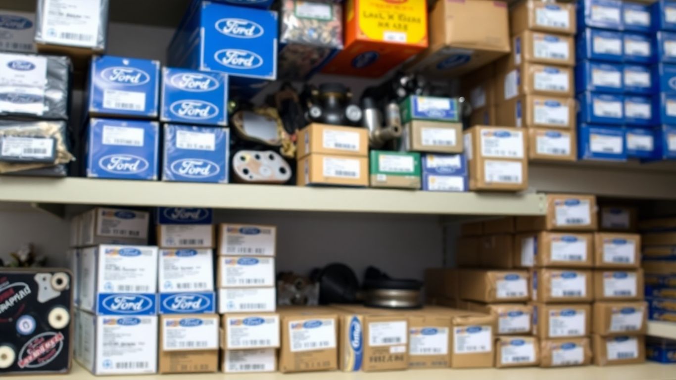 Genuine Ford spare parts displayed on shelves.
