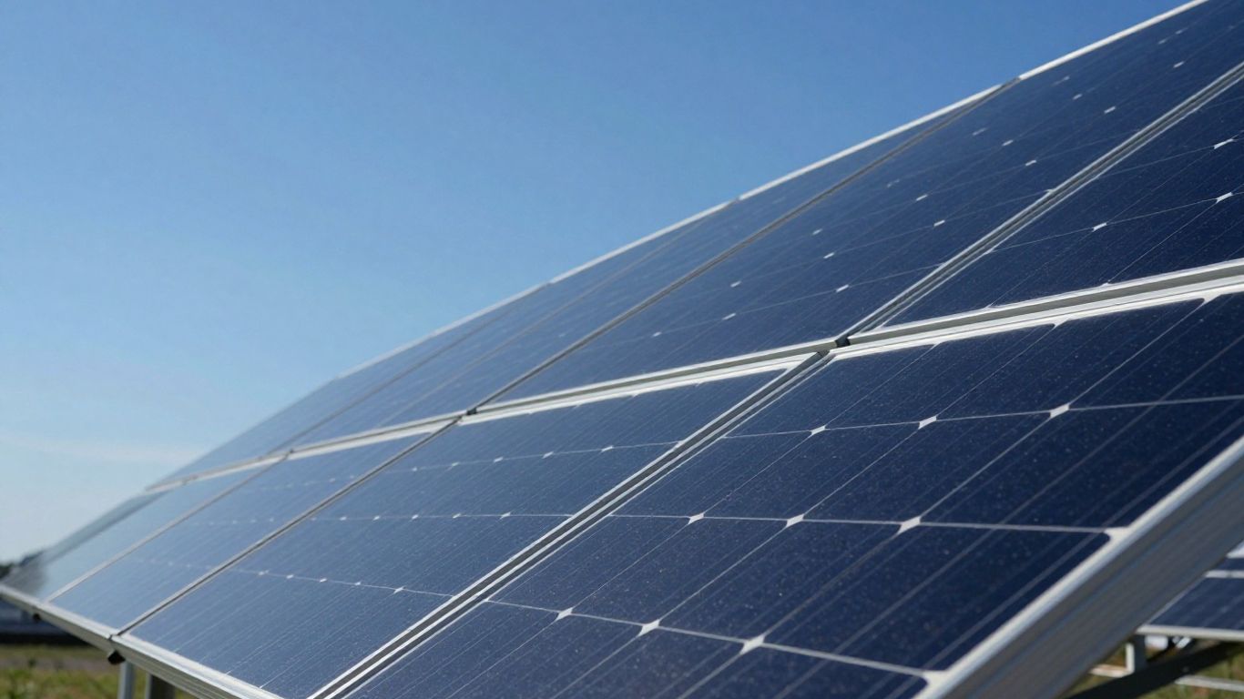 Panneau solaire incliné sous un ciel bleu.