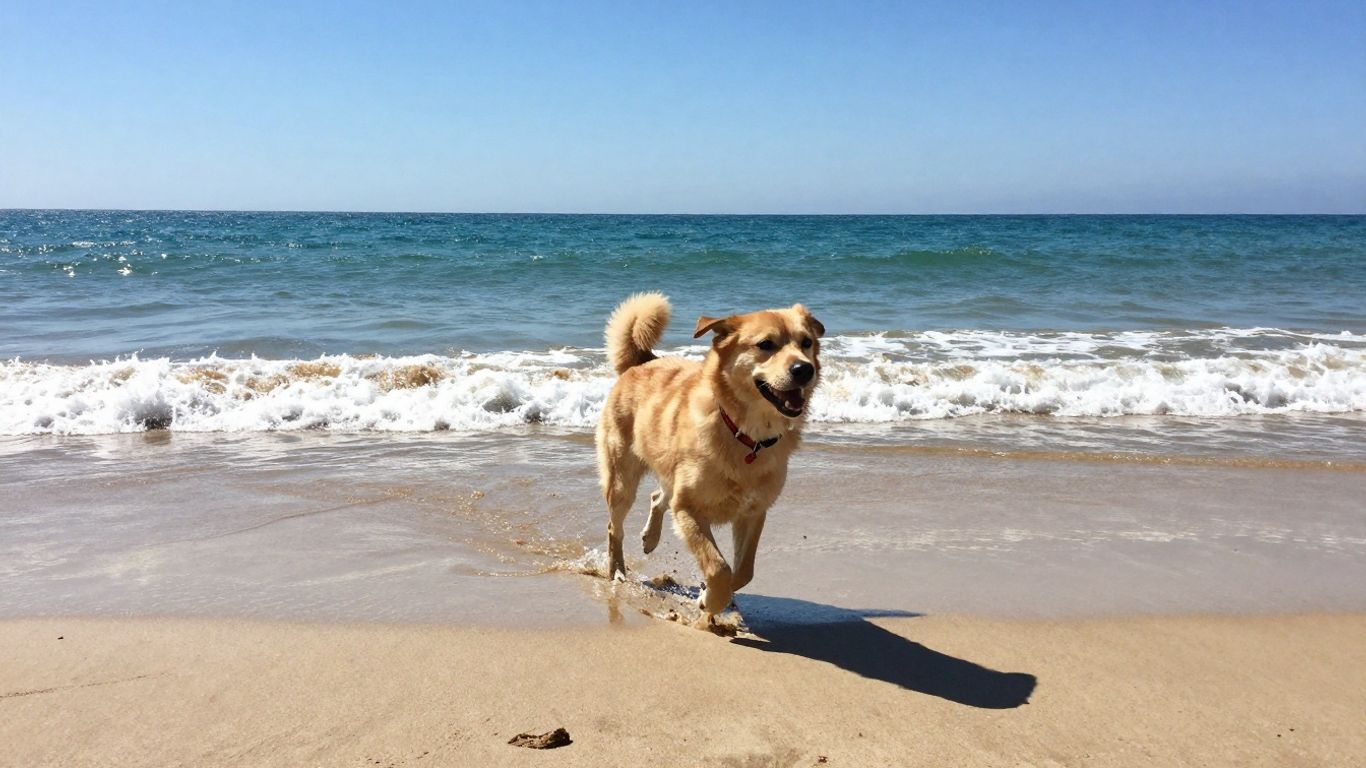 Hond rent vrolijk op het strand bij de zee.