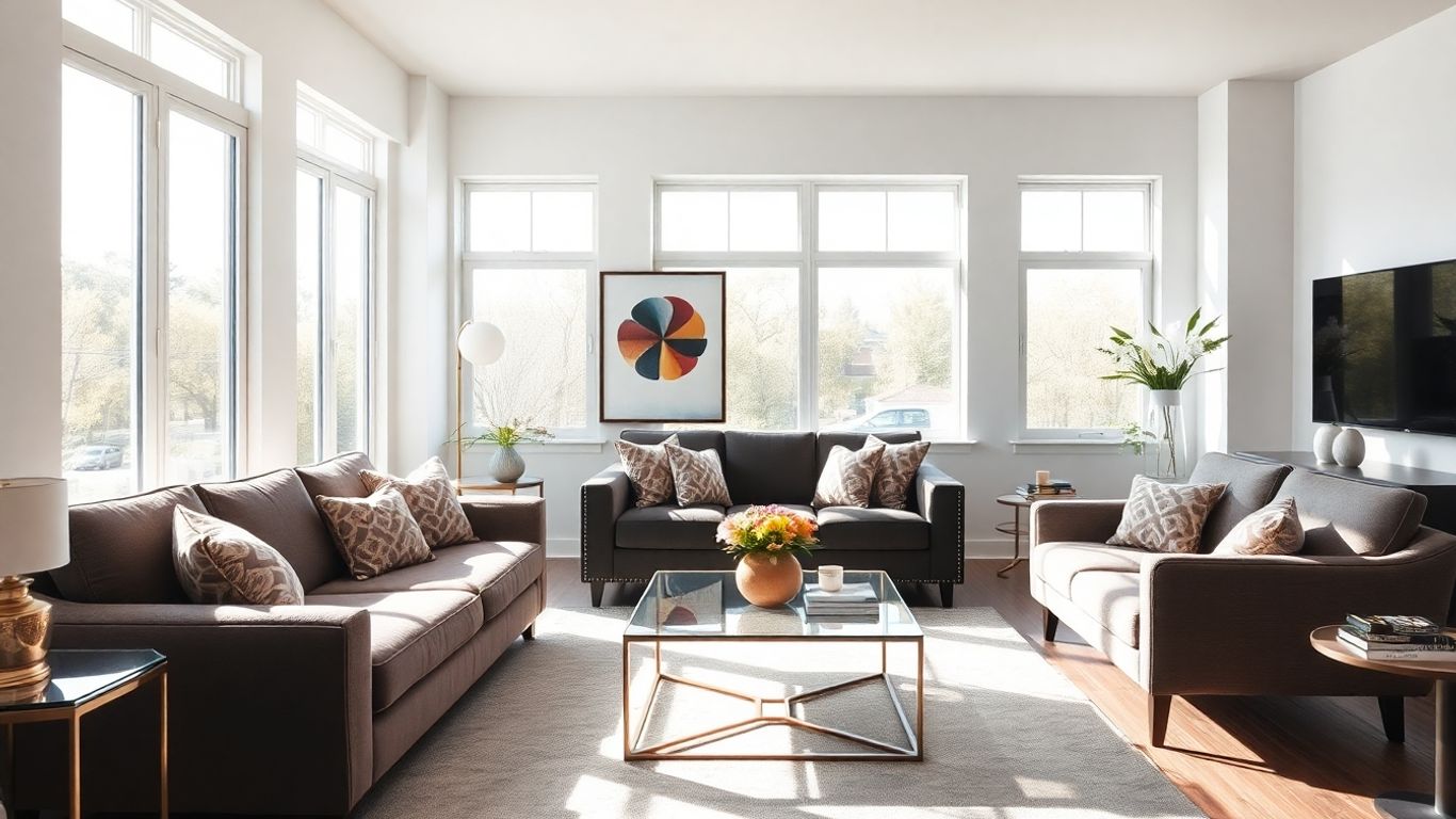 Modern living room with stylish furniture for Airbnb.