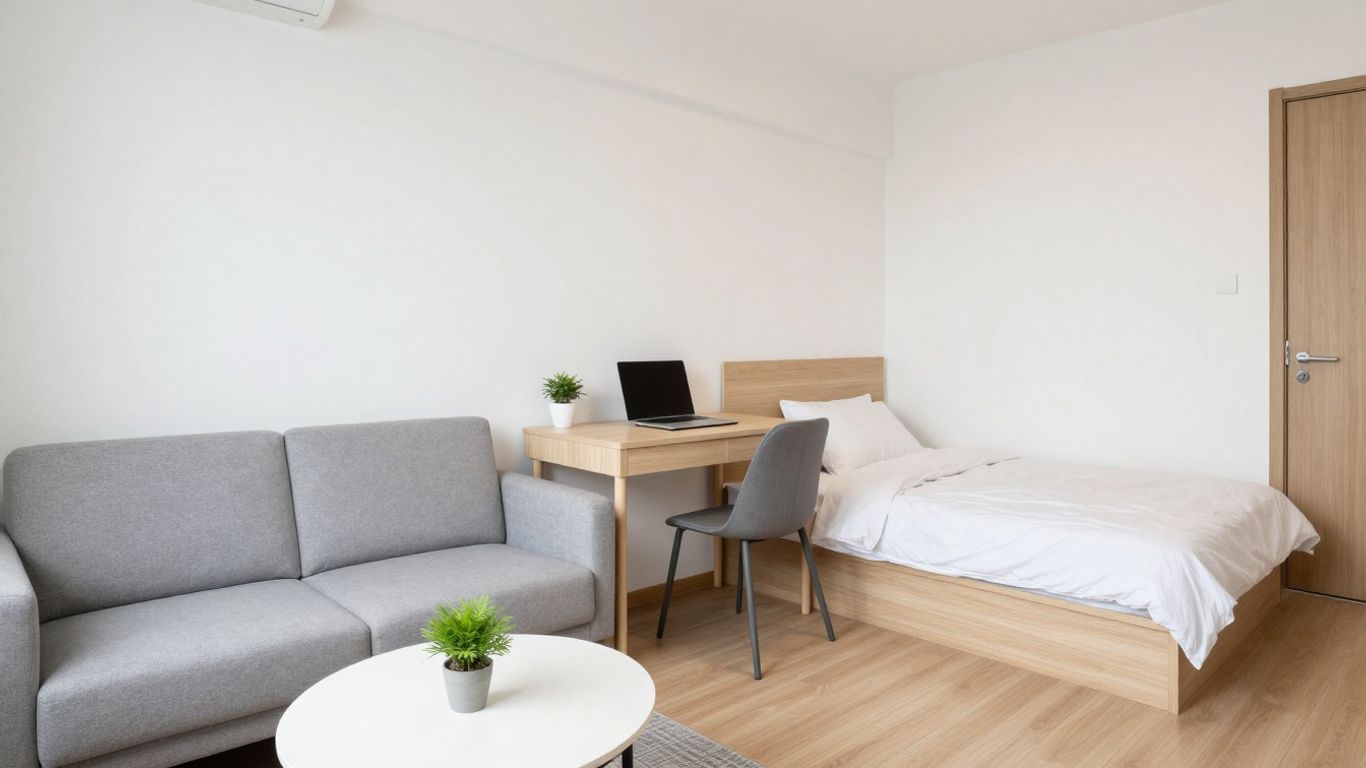 Kompaktes Studio Apartment mit Wohn-, Schlaf- und Arbeitsbereich.