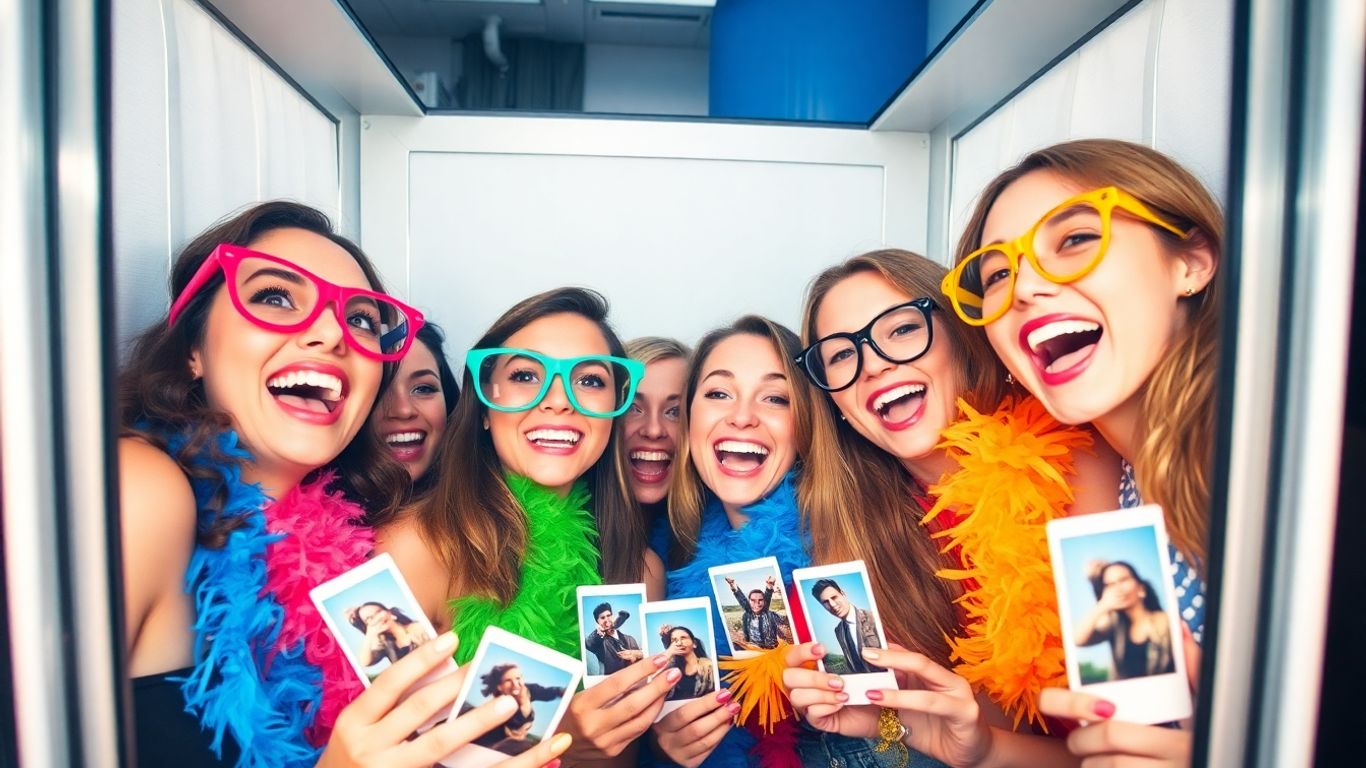Amis souriants dans une cabine photo d'anniversaire.