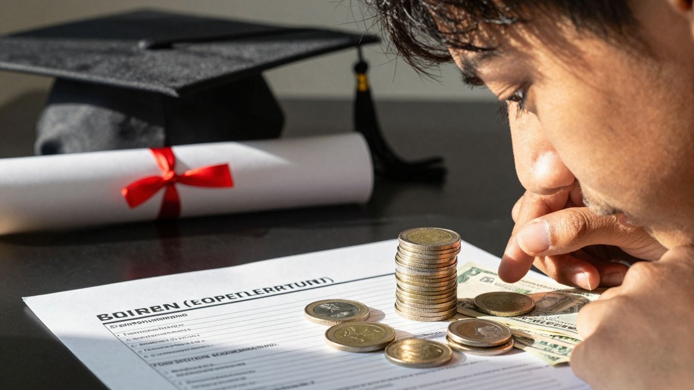 Student loan repayment planning with coins and graduation cap.