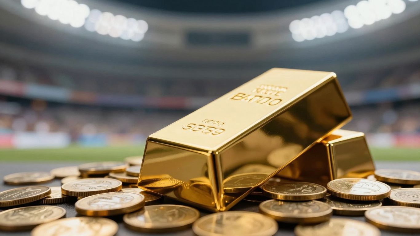 体育场背景下的金条和金币。