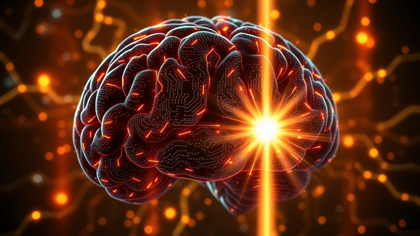 Digital brain amidst chaotic light, a clear beam cutting through.