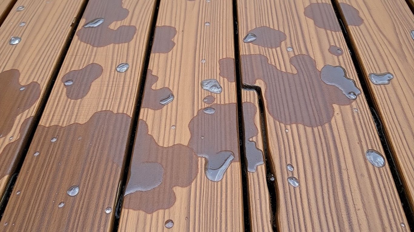 Water-damaged wooden deck surface
