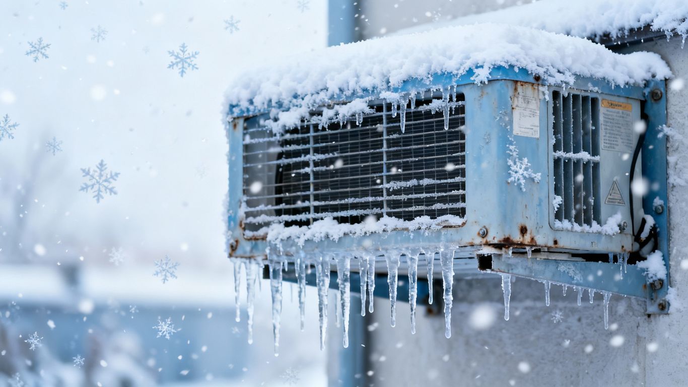 Outdoor HVAC unit covered in frost and icicles.
