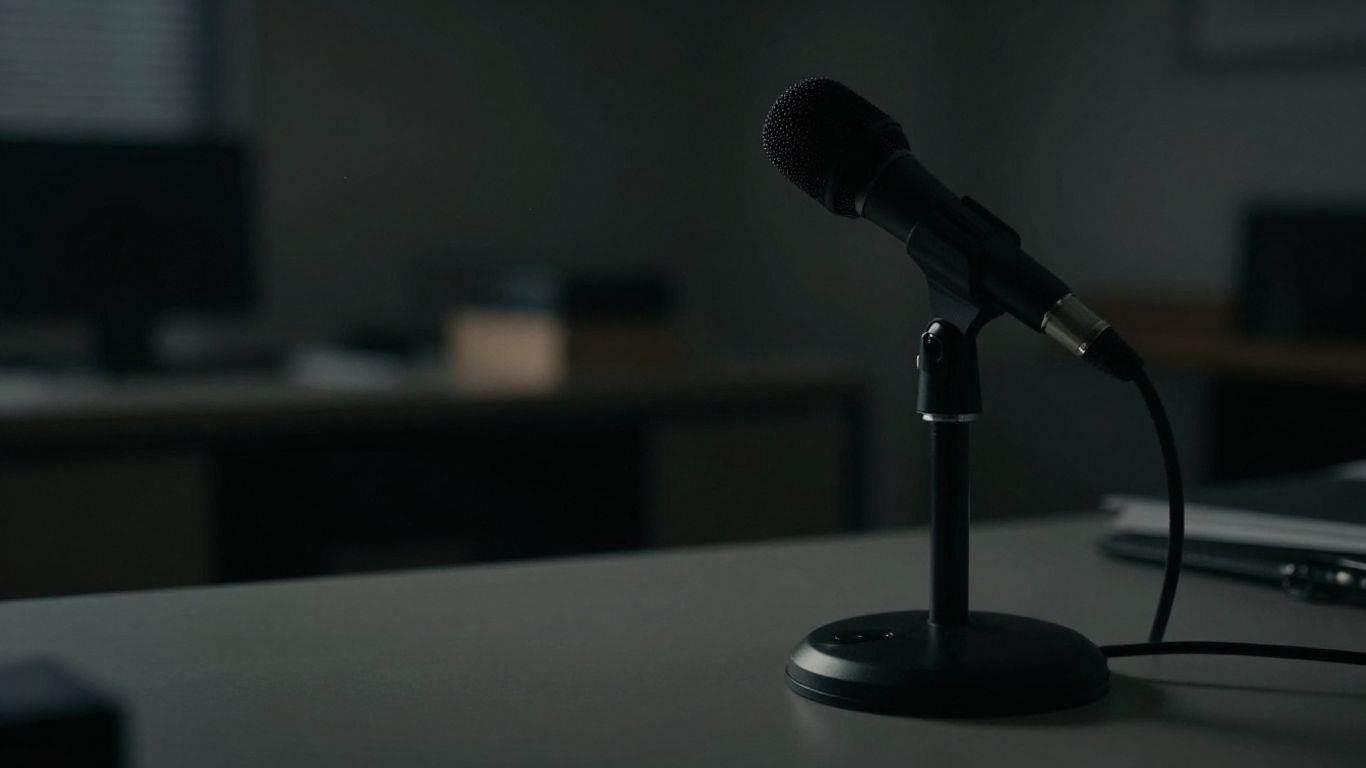 Empty microphone stand on a desk in a newsroom.