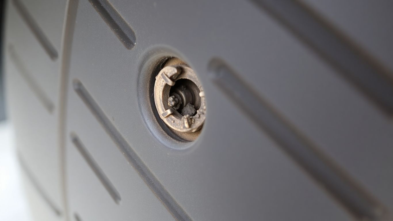 Car tire with missing valve cap and visible dirt.