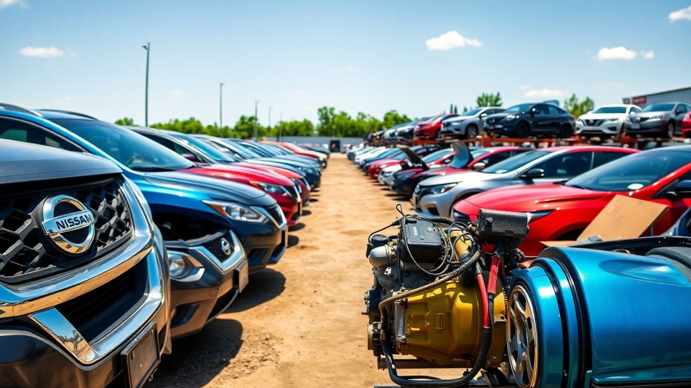 Rows of Nissan cars and parts in salvage yard