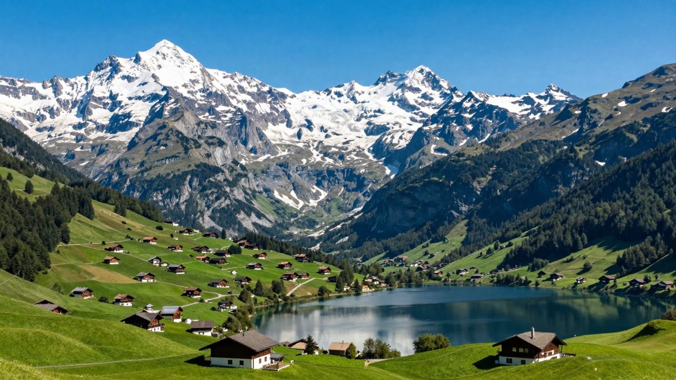 Scenic view of snow-capped Alps with chalets and a lake.