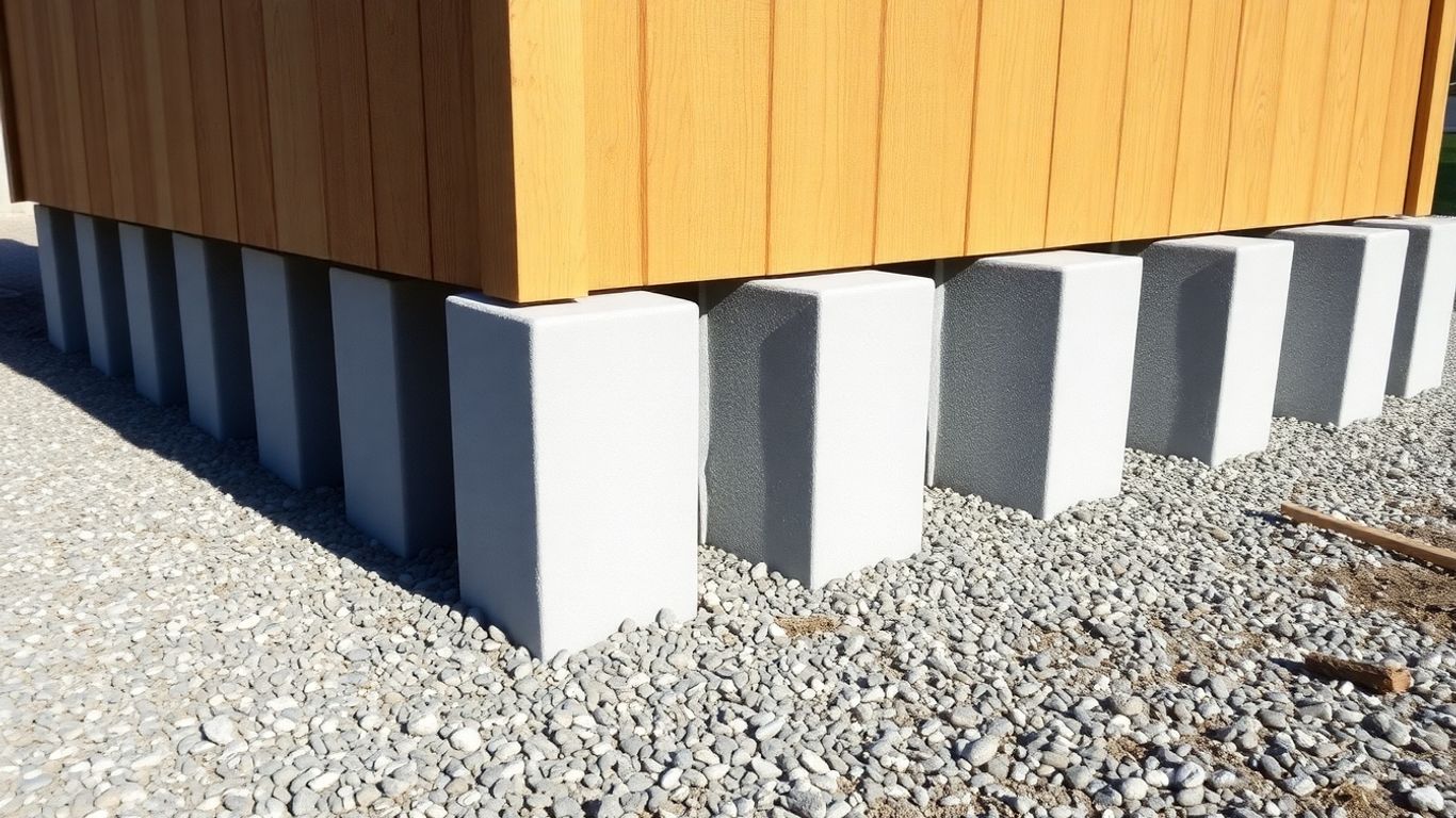 Shed foundation with concrete blocks and gravel.