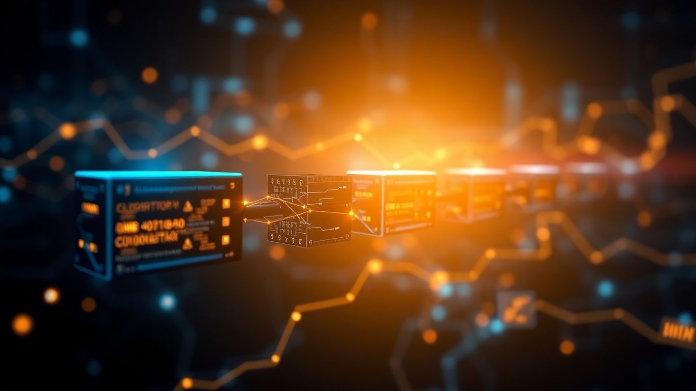 Interconnected digital blocks forming a secure blockchain chain.