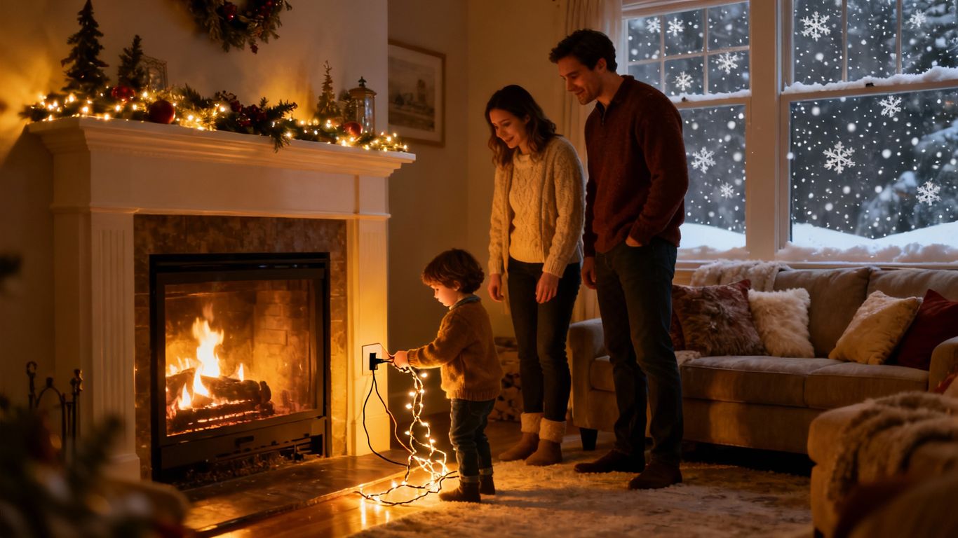 Family safely decorating for winter holidays with electrical lights.