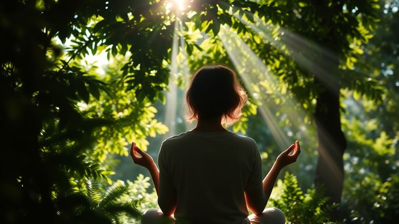 Person meditating peacefully in a sunlit forest.
