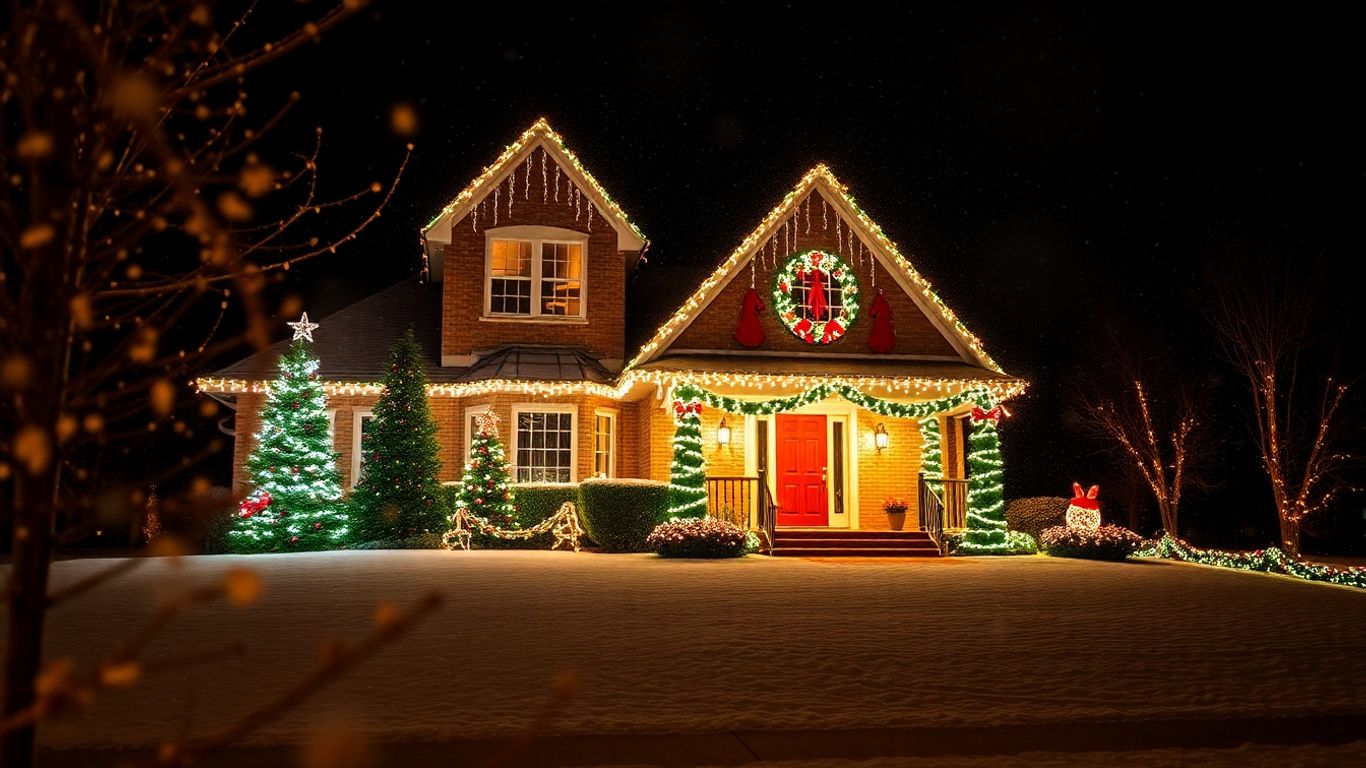 Festive Christmas lights illuminating a snowy house in Oakville.