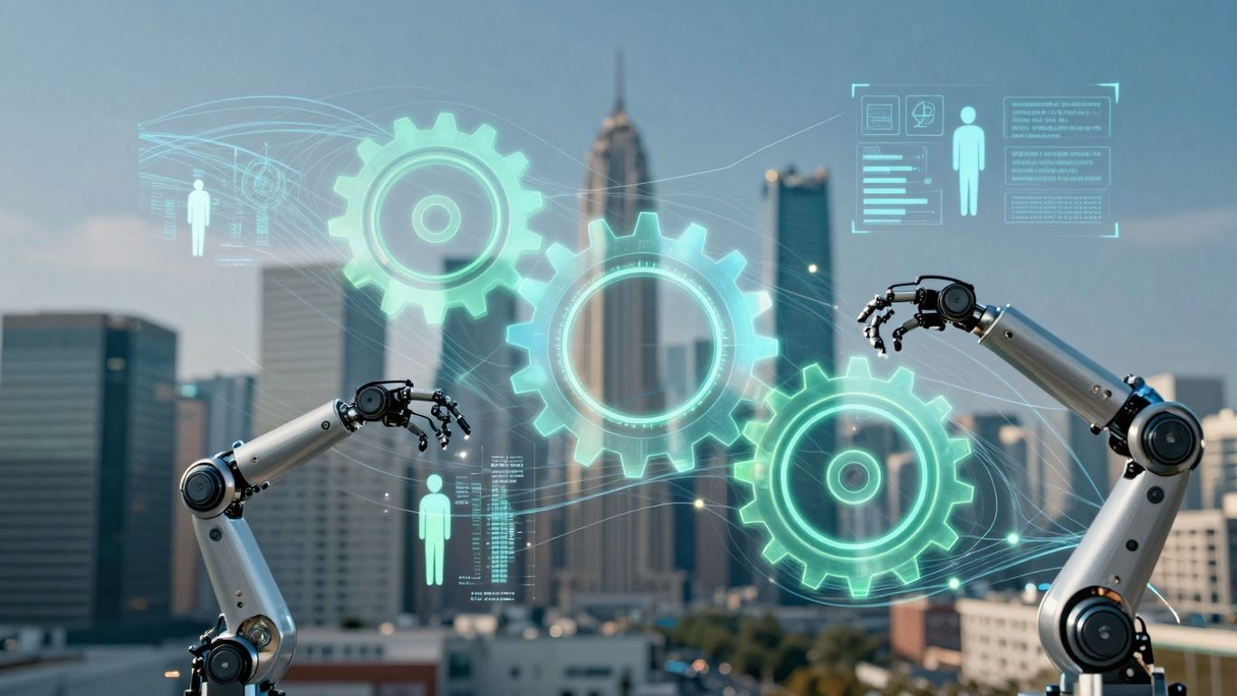 AI sales automation infographic with gears and data.