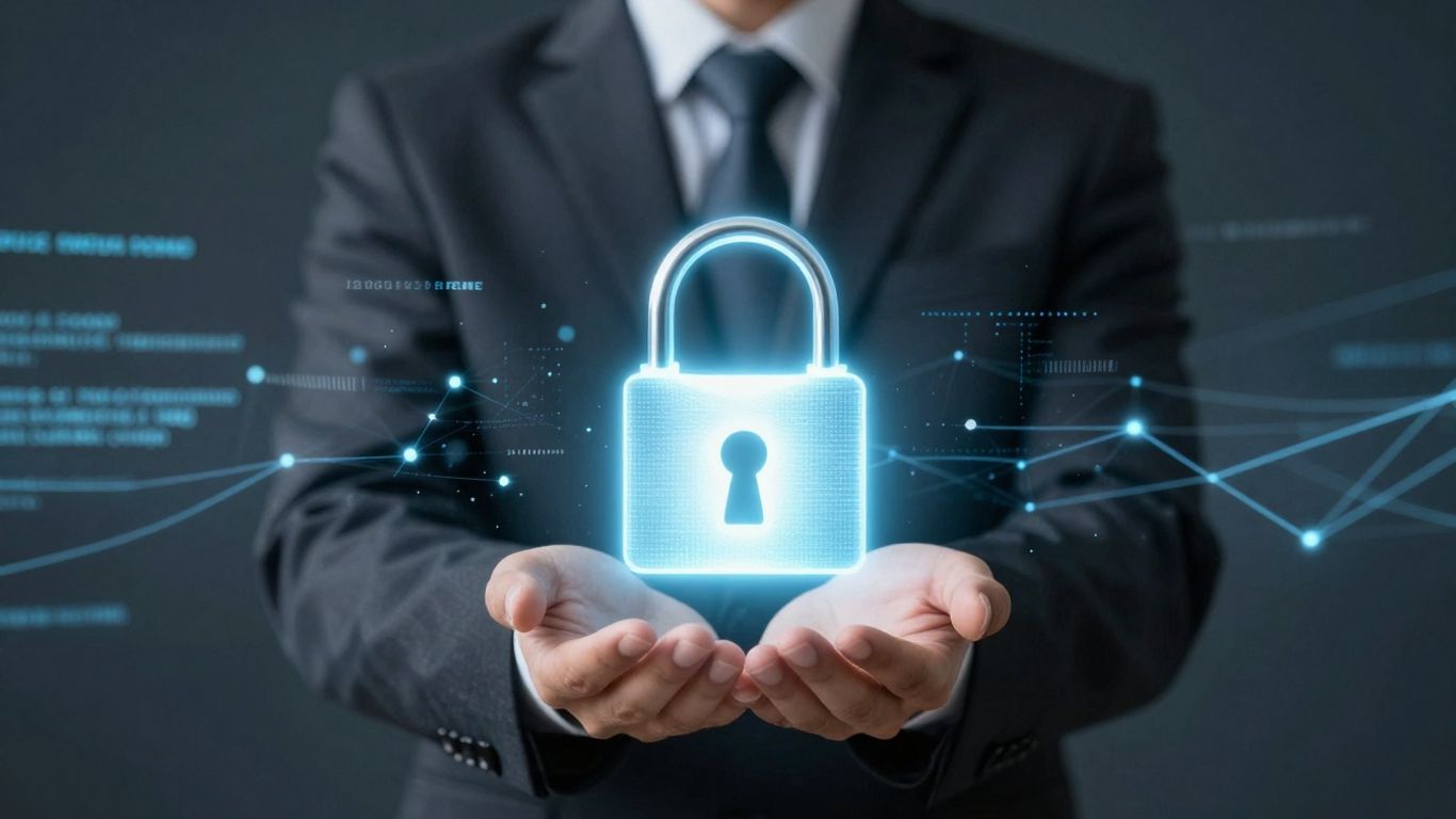 Cybersecurity professional with glowing padlock and digital background.