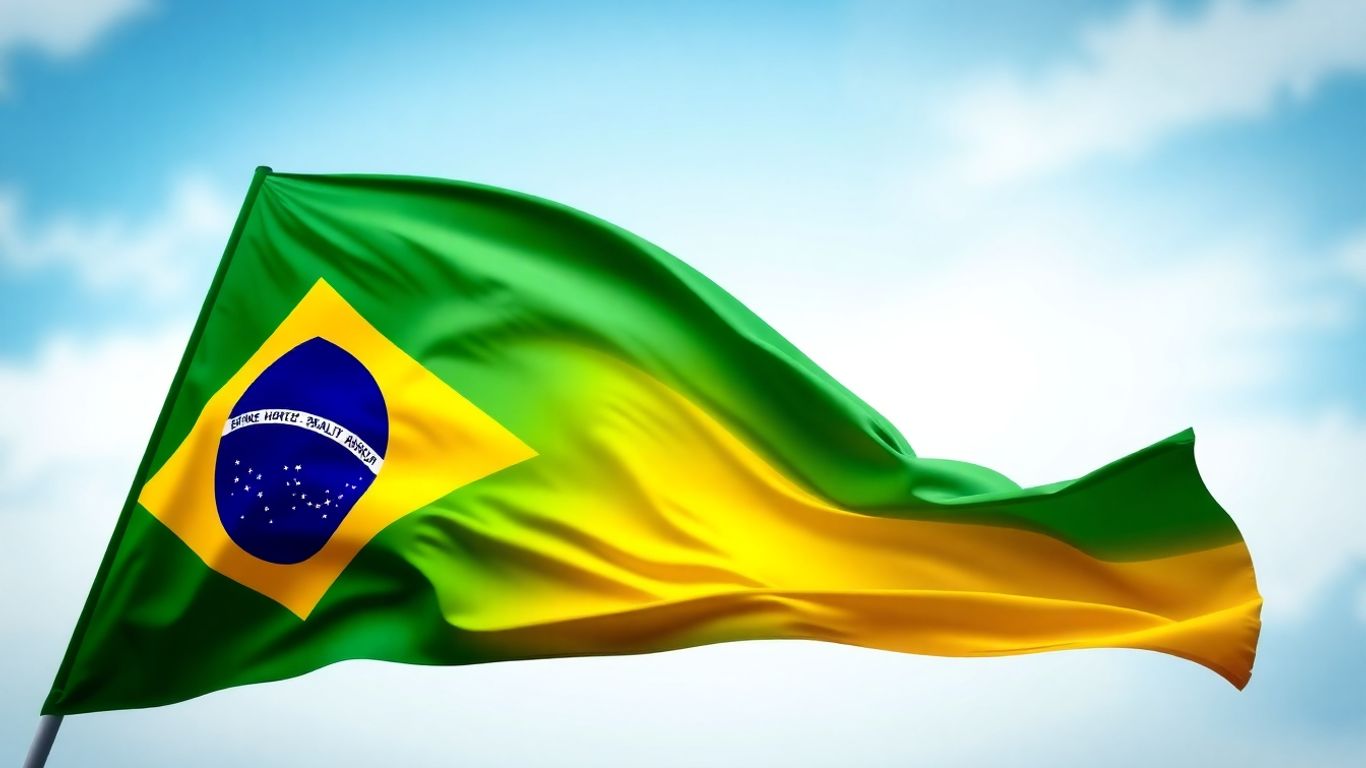 Bandeira do Brasil com elementos gráficos abstratos.