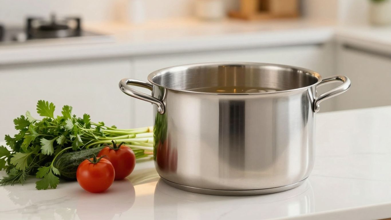A large stainless steel stock pot with vegetables.