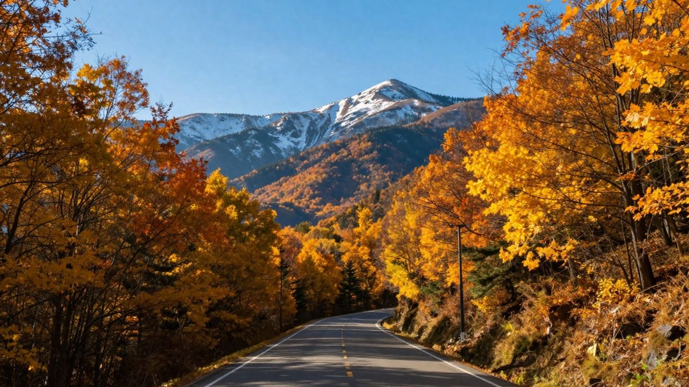 Autumn forest road with colorful leaves and distant snowy mountains.