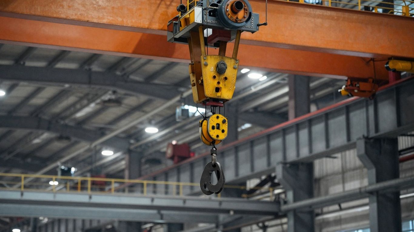 Overhead crane and hoist in industrial setting.