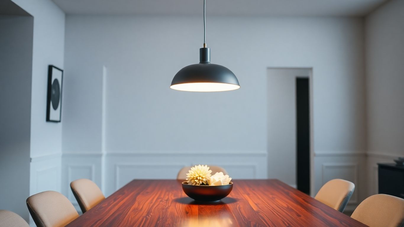 Modern hanging lamp above a dining table.