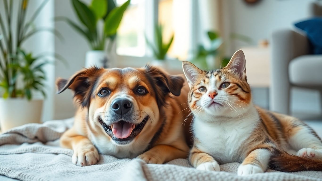 Happy dog and cat relaxing together indoors