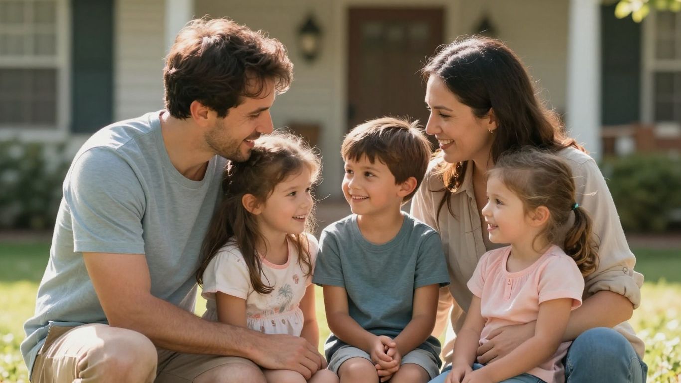 Family together outdoors, parents protecting children.