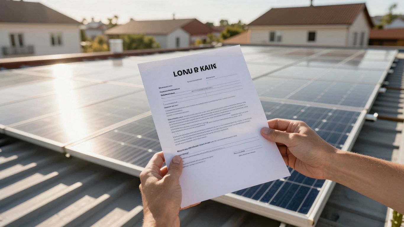 Person Holding A Solar Panel Loan Document While Standing On A Rooftop With Installed Solar Panels In A Residential Neighborhood