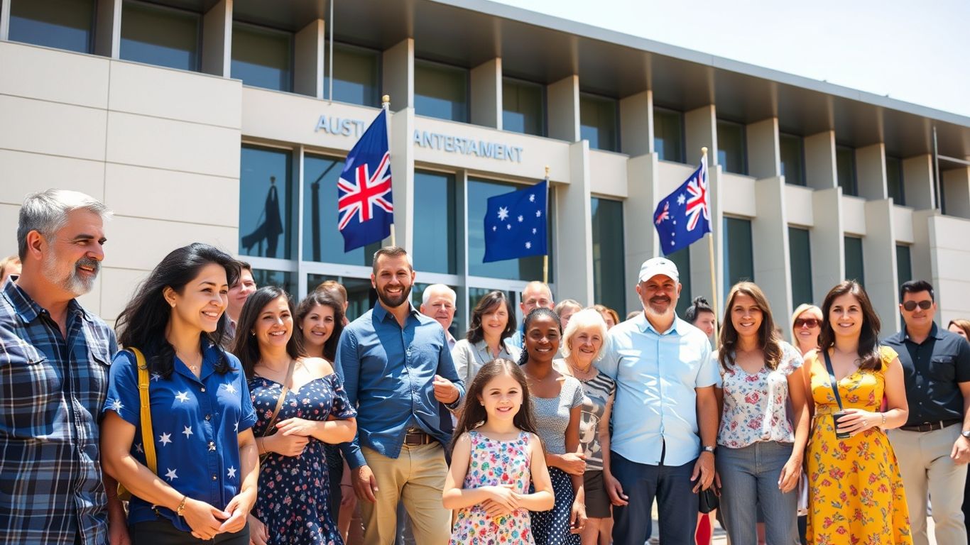 Diverse Australians outside government building with flags