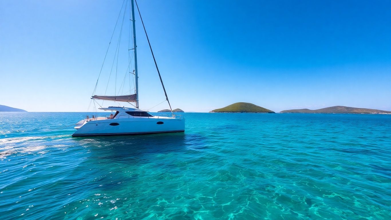 Catamaran sailing on turquoise water near Croatian islands.