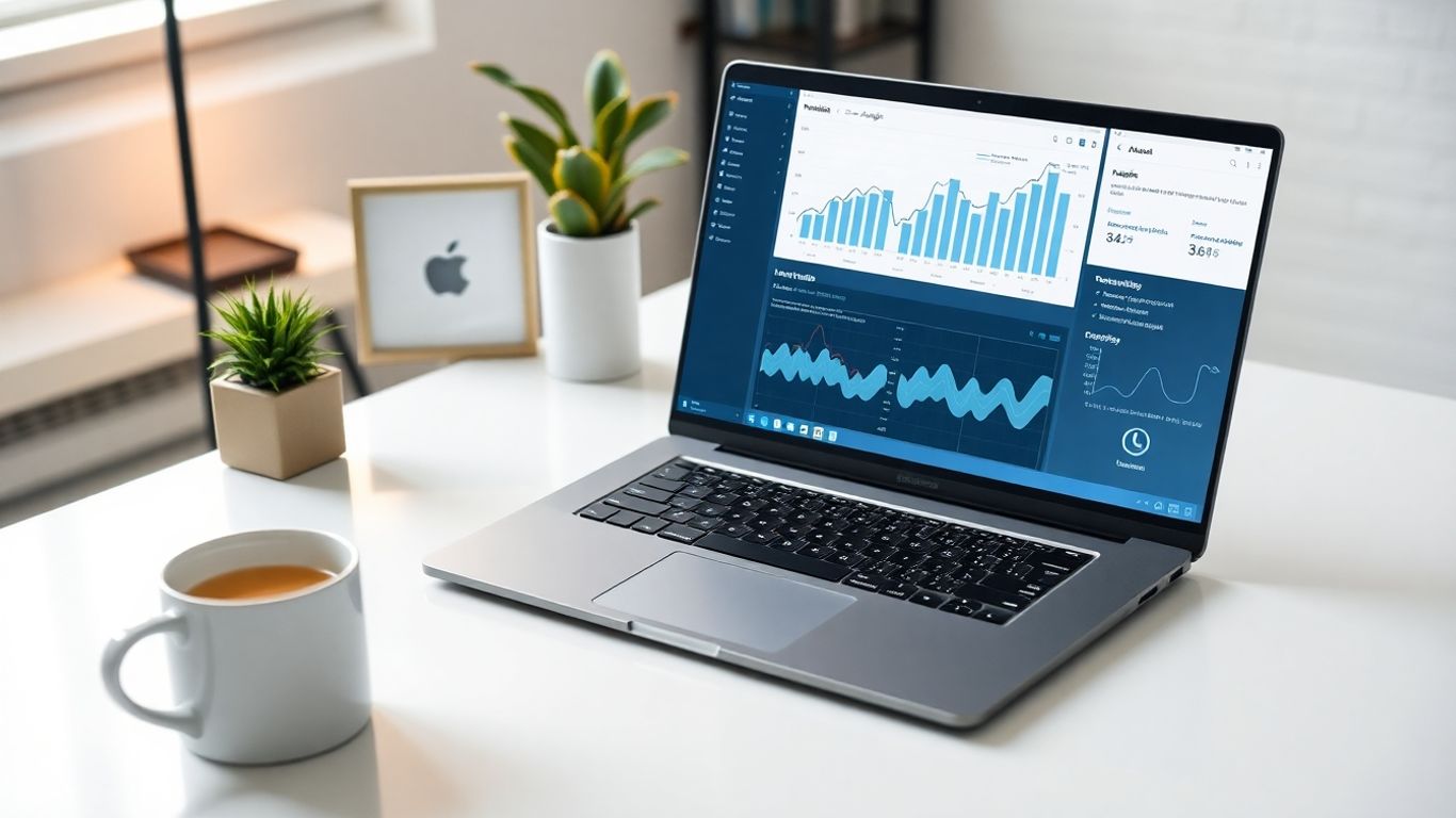 Laptop and coffee on desk in bright modern office