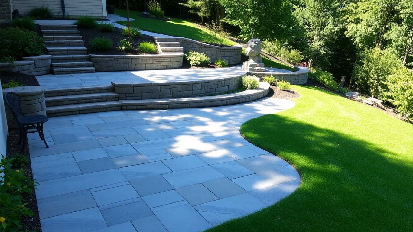 Patio on a sloping garden with stone paving.