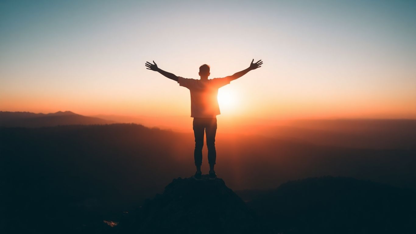 Person reaching peak, embracing sunrise, feeling confident.