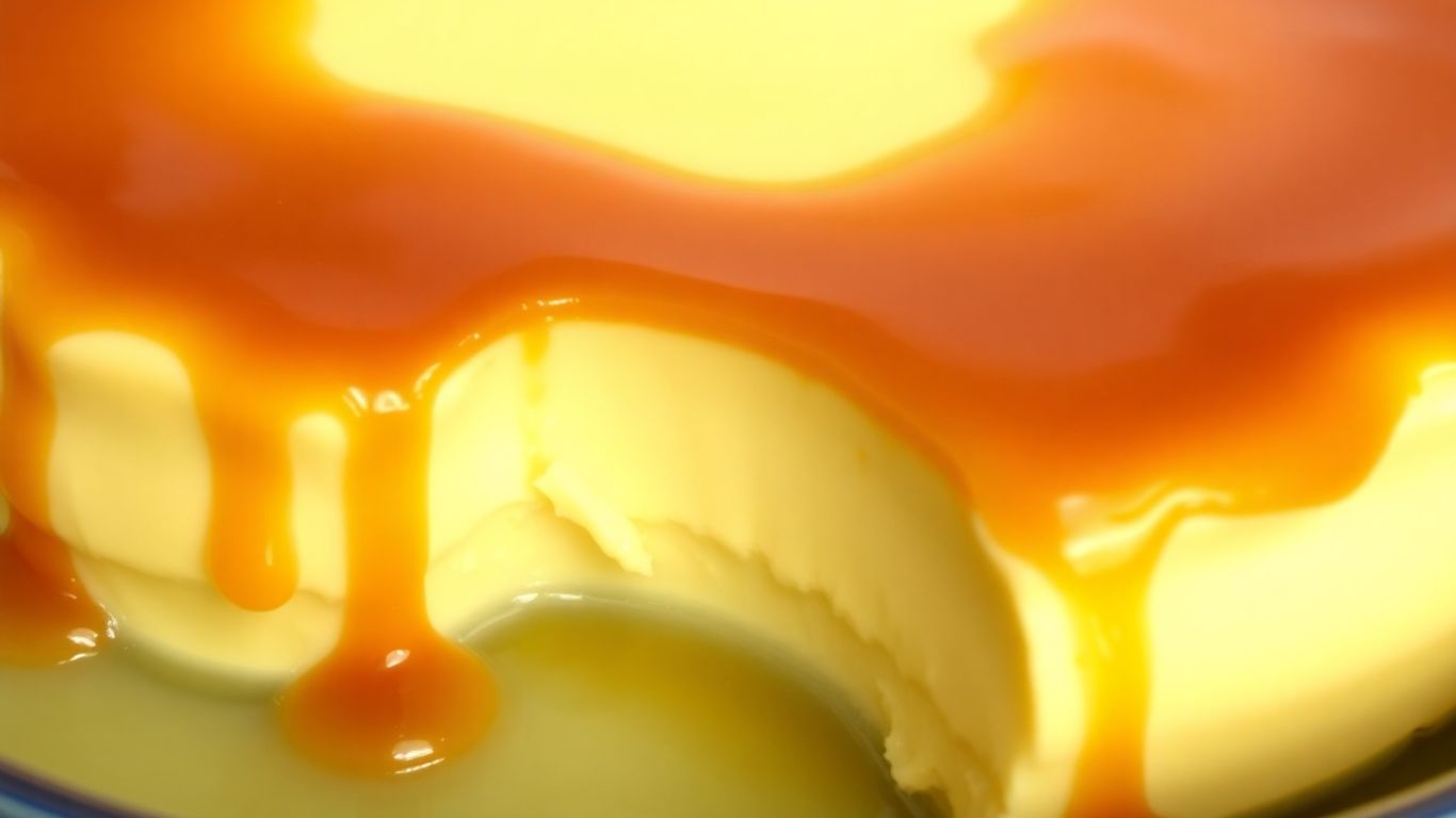 Pudim cremoso com calda de caramelo brilhante.