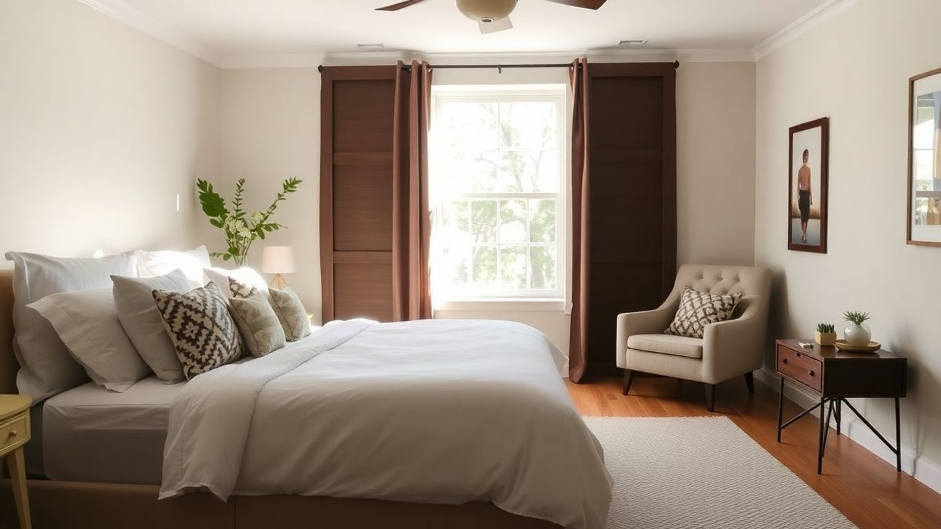 Cozy Airbnb bedroom with plush bed and reading nook.