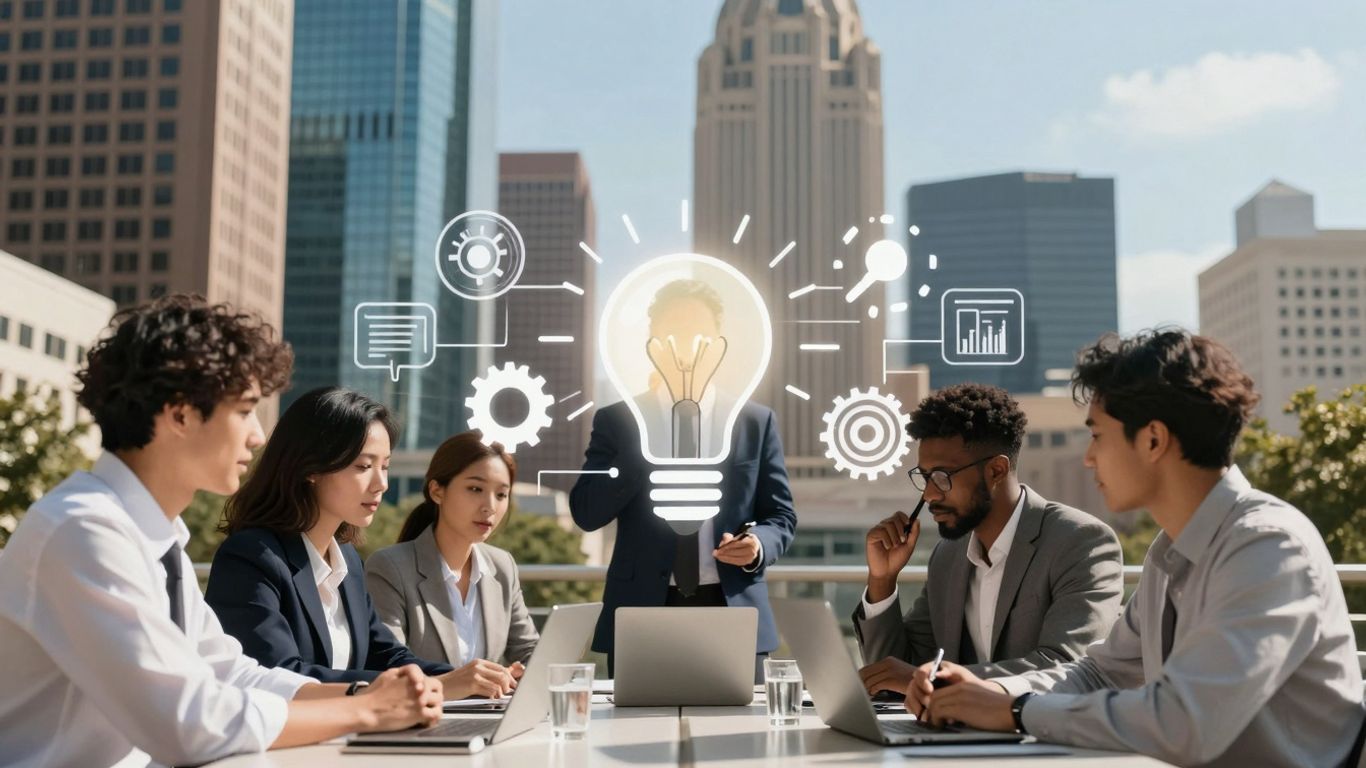 Dallas skyline and marketing professionals collaborating.